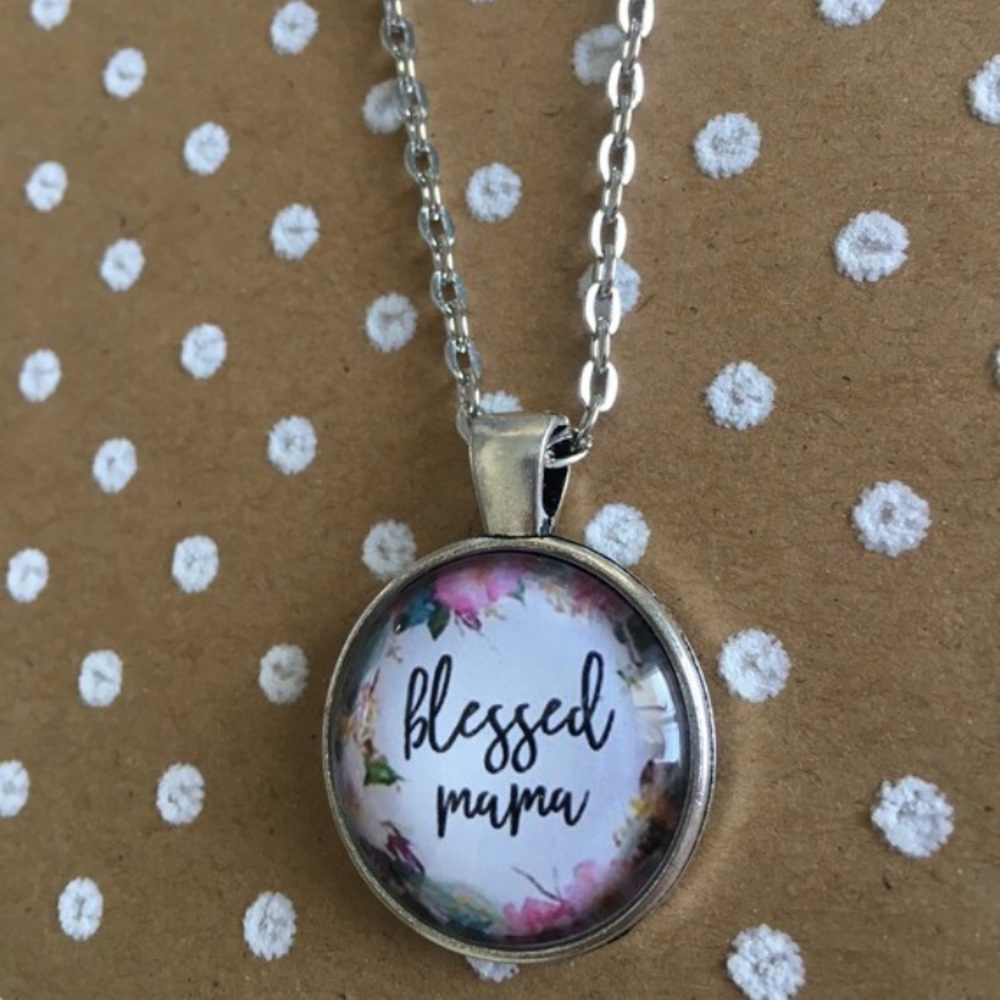 Blessed mama pendant necklace on long silver chain